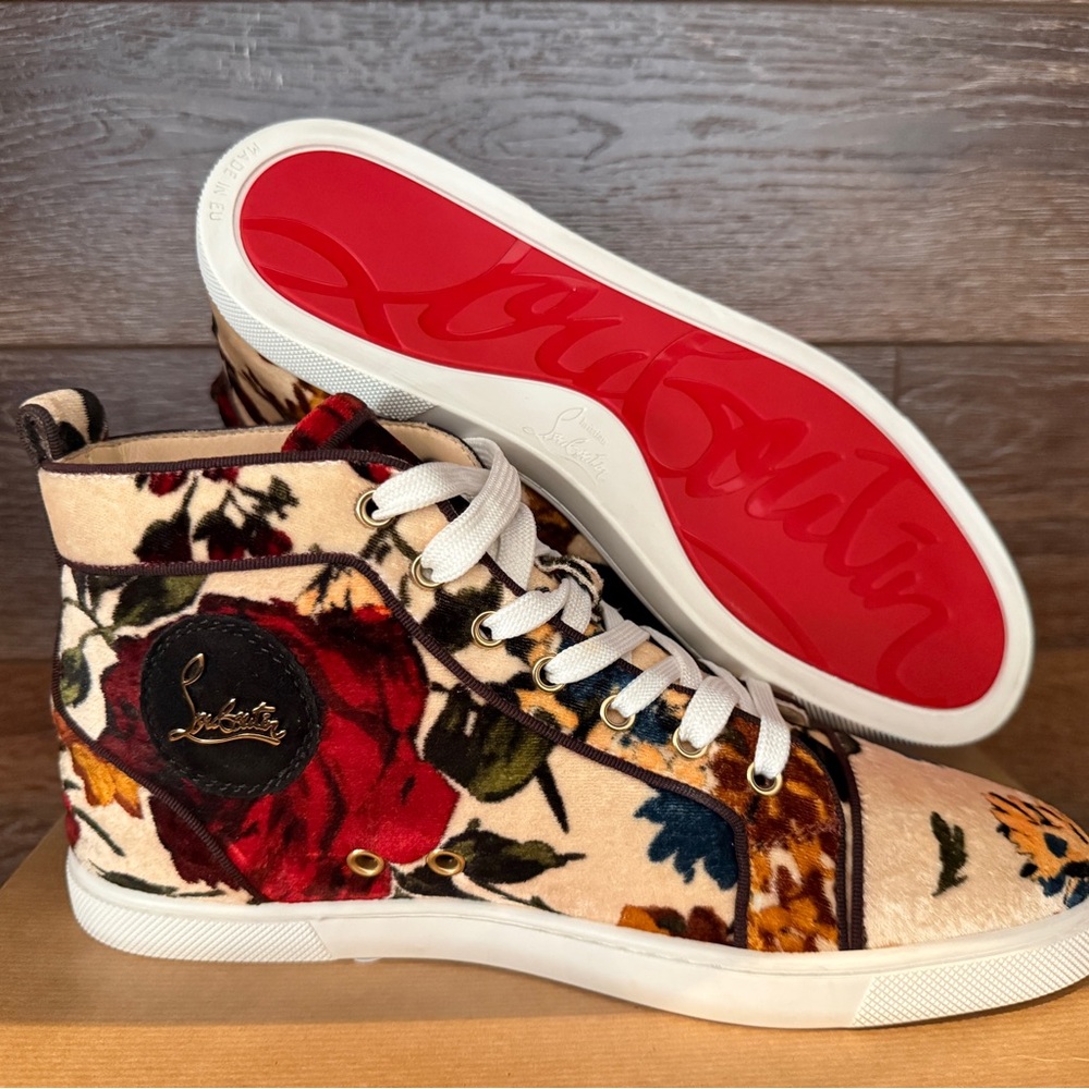 Christian Louboutin Floral Velvet High-Top Sneakers in Red, Cream, Green, Blue